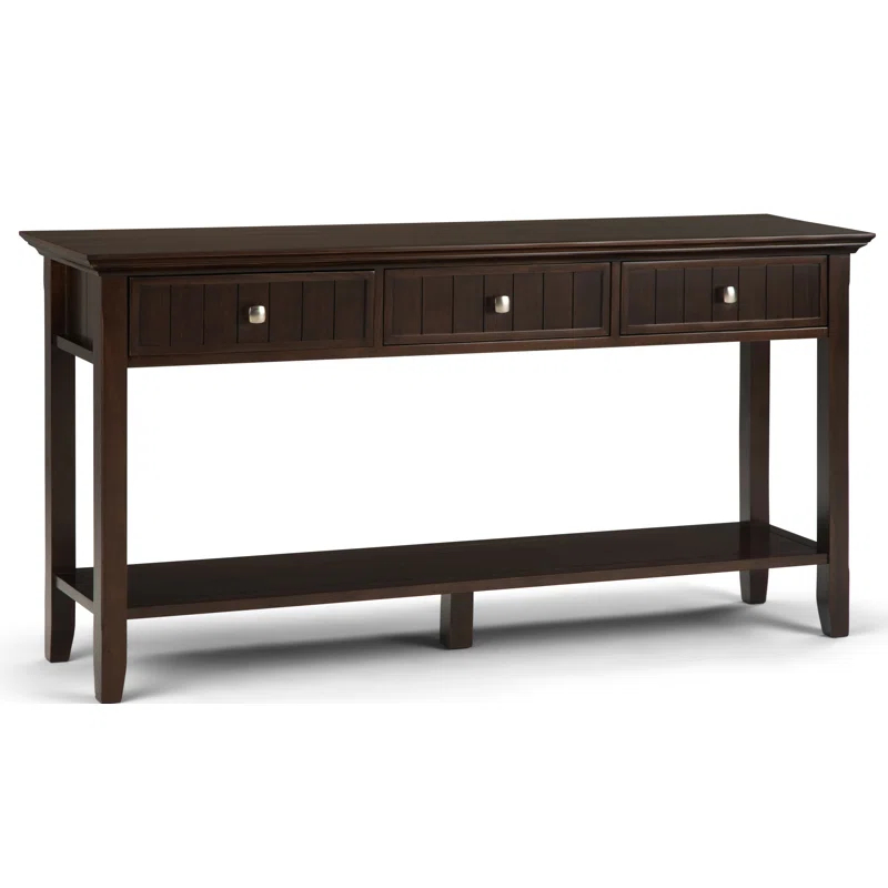 Simpli Home Acadian 60"W Solid Wood Wide Storage Console Table in Brunette Brown with Three Drawers and Open Shelf