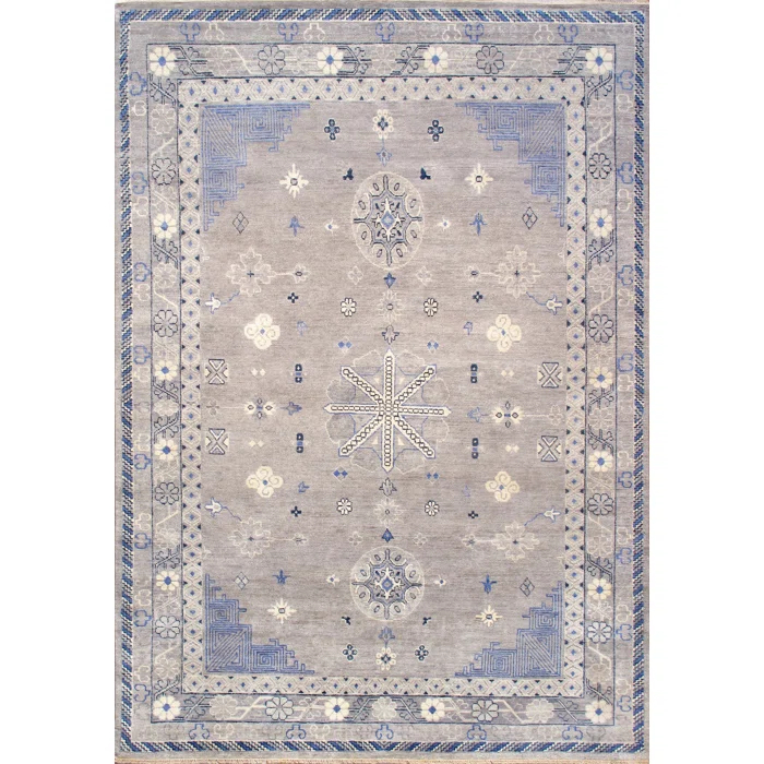 Pasargad Khotan Oriental Hand-Knotted Rectangle 9'1" x 12'11" Wool Area Rug in Silver/Blue/Beige