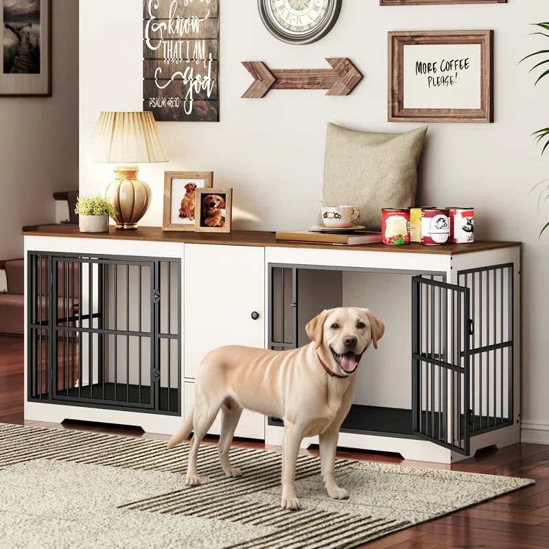 Tucker Murphy Pet™ 72.8 Inch Dog Crate Furniture For 2 Dogs, Farmhouse Double Dog Cage Furniture With Storage Cabinet And Drawer, Wooden Dog Kennel Tv Stand With Power Outlet