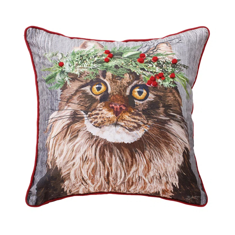 C&F Home Cat Wearing Holly Berry Throw Pillow
