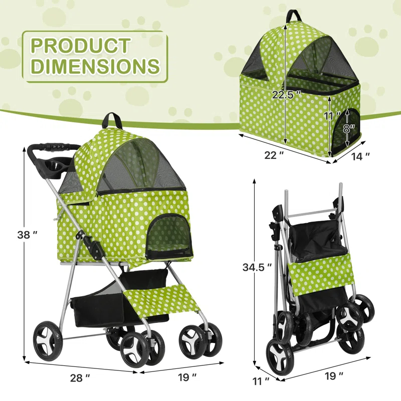 3-In-1 Pet Stroller Foldable Pet Stroller With Weather Cover Storage Basket For Dog Cat