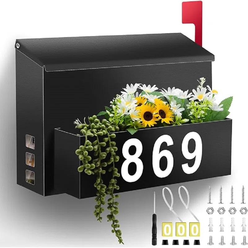 RIZPET Wall-Mount Mailbox With Flag, Large Capacity Mailboxes For Outside House With Planter & 3 Sets Of 0-9 Mailbox Number Stickers, Galvanized Steel Rust-Proof Post Box Metal Mail Box, 9.8"H