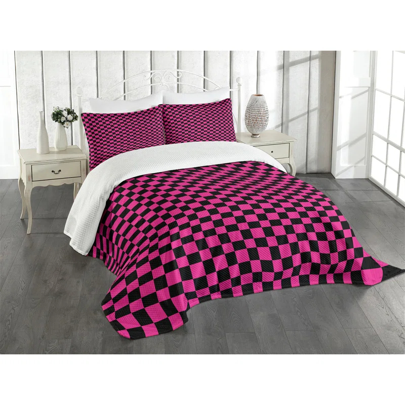Ambesonne Ambesonne Hot Pink Bedspread Set Gingham Checks Vibrant Magenta Black