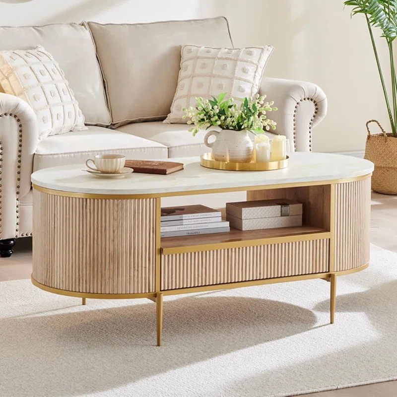 Everly Quinn Modern Fluted Coffee Table, 48" Oval Coffee Table with Drawer,Curved Profile Design,Center Table for Living Room