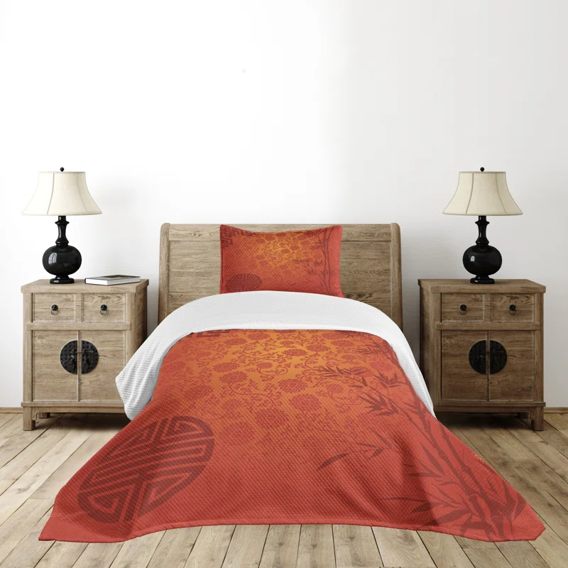 Ambesonne Chinese Bedspread Set Traditional Nature Art Pale Orange Burgundy