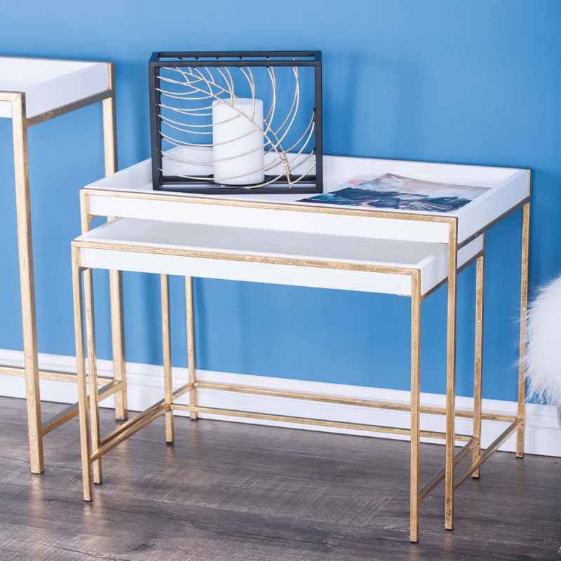 Mercer41 Blaine Wooden Nesting Tray Top Geometric Side End White Accent Table with Gold Metal Legs Set