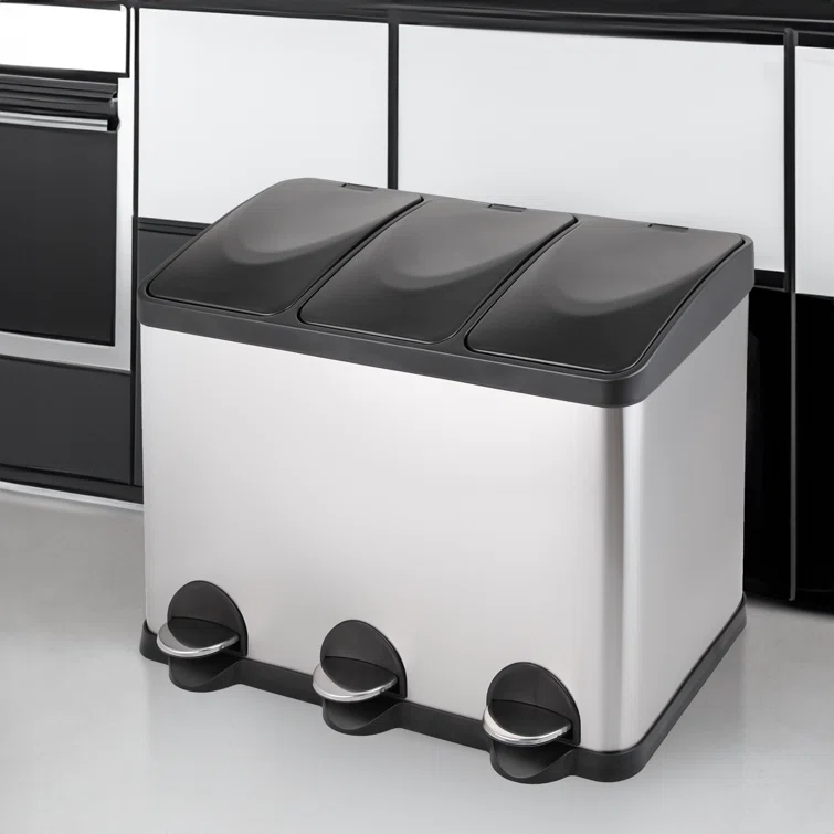 MoNiBloom 12 Gallon Trash Can with 3 Compartments, Step On Garbage Can with Soft-Close Lids and Inner Buckets