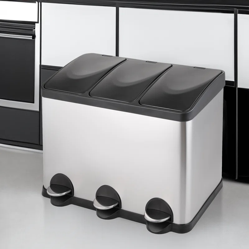 MoNiBloom 12 Gallon Trash Can with 3 Compartments, Step On Garbage Can with Soft-Close Lids and Inner Buckets
