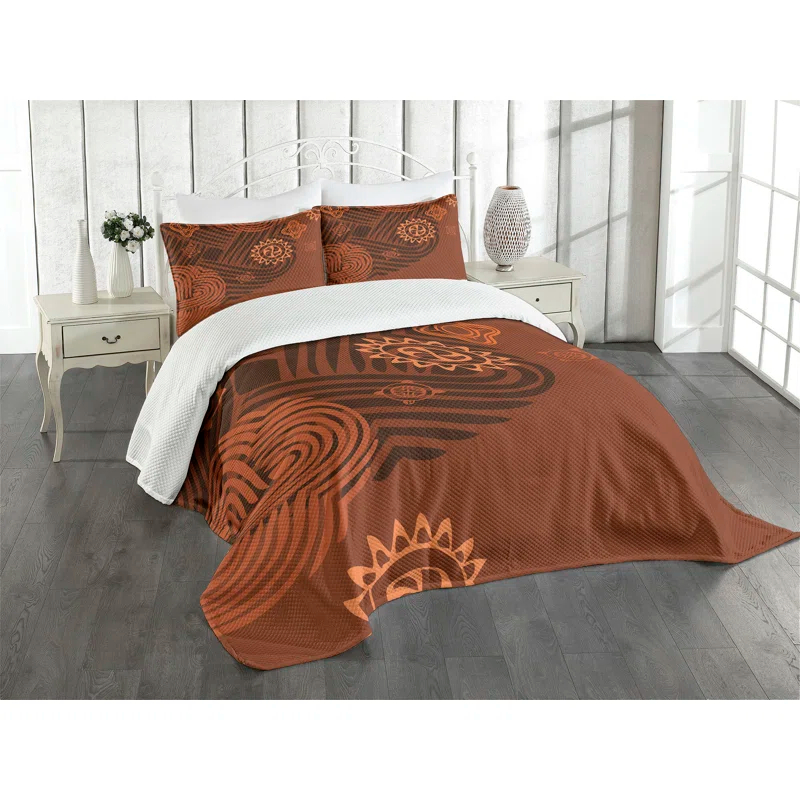 Ambesonne Ambesonne Earth Tones Bedspread Set Folk Floral Details Brown Orange Peach