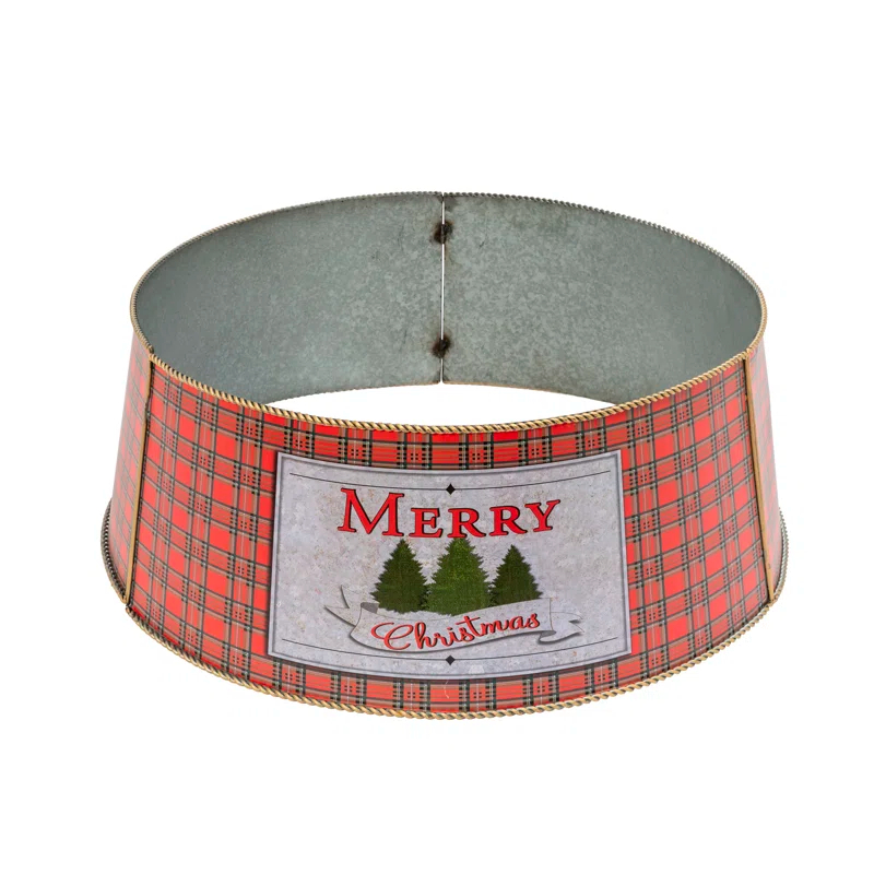 Gerson International Galvanized Metal Merry Christmas Buffalo Plaid Tree Collar