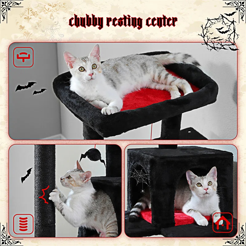 Gothic Cat Tree With Super Large Hammock, 45.7"  Cat Tower With Coffin Bed, Cat Condo, Sisal Scratching Posts & Top Perch, Multi-Level Goth Cat Tree, Halloween