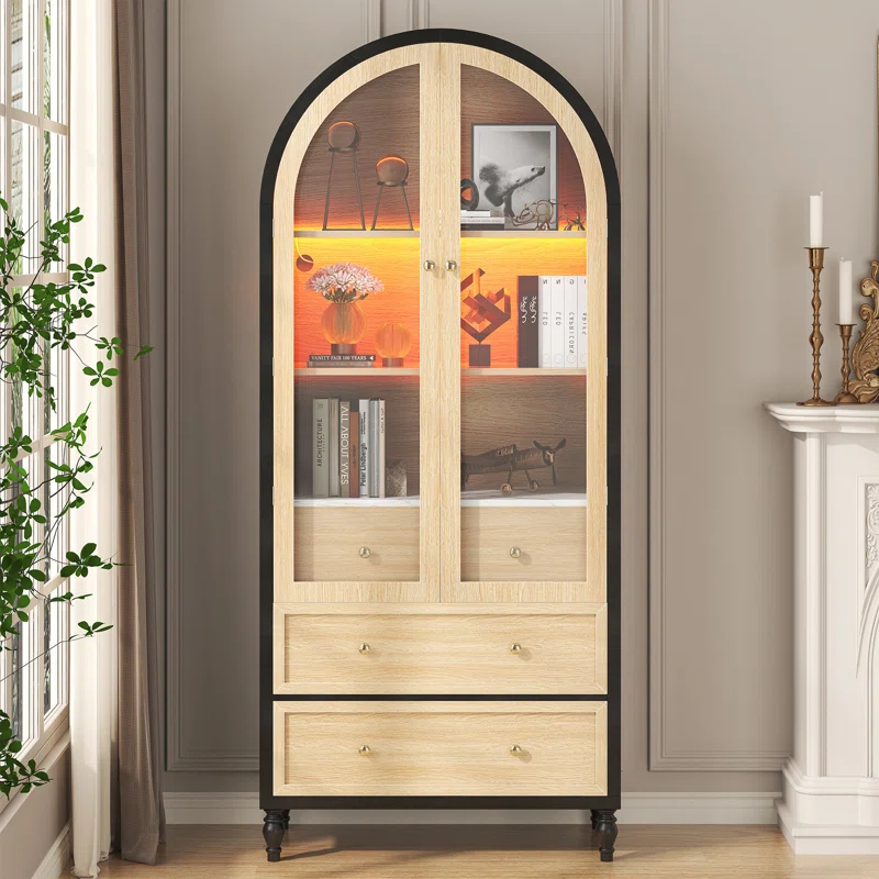 Alcott Hill® 73 Inch Tall Arched Storage Cabinet With Doors Arched Pantry Led Lighted Display Cabinet Bookshelf