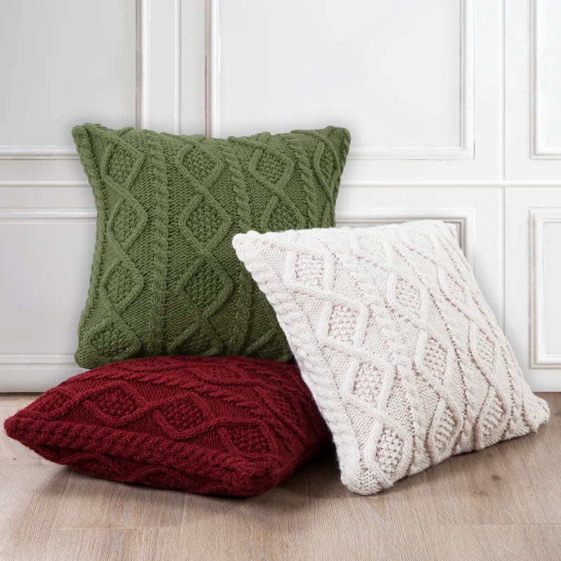 HiEnd Accents Cable Knit Wool Solid Textured Sweater Square 18x18 inch Classic Lodge Throw Pillow & Insert
