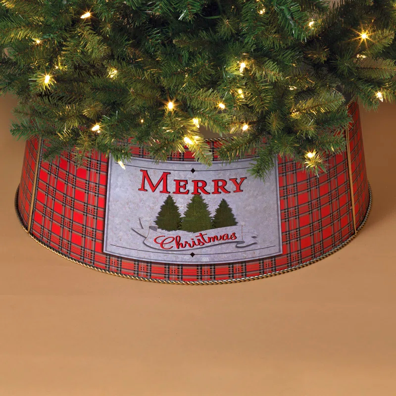 Gerson International Galvanized Metal Merry Christmas Buffalo Plaid Tree Collar
