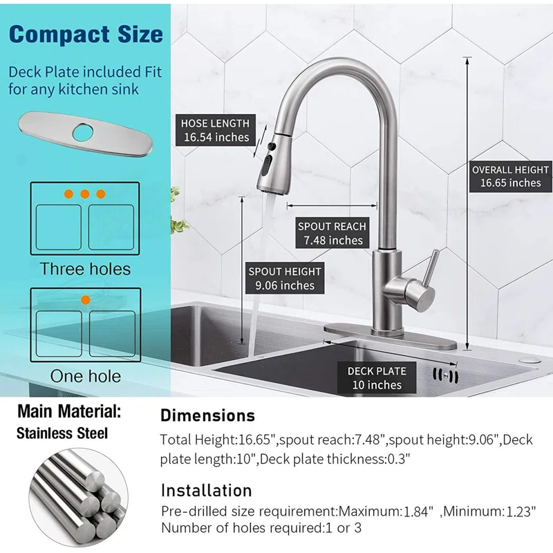 MODERN WALLS LLC B07Y4Y88Y6 Kitchen Faucets, Brushed Nickel Kitchen Faucet With Pull Down Sprayer, High Arc Single Handle Stainless Steel Sink Faucets 1 Or 3 Hole, Kitchen Sink Faucets For Farmhouse Camper Laundry Rv Bar