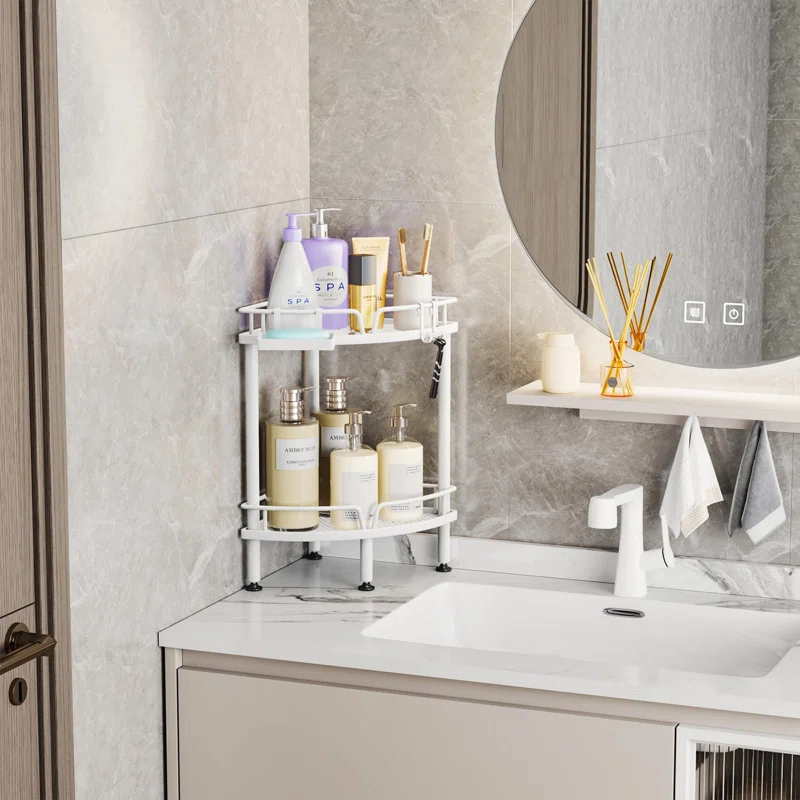 Rebrilliant Corner Shower Caddy Stand Shower Organizer With Soap Holder, Standing Tall Floor Shower Stand With Adjustable Feet & 2 Hooks, Shower Shelf Rack Storage For Bathroom,(White/2 Tier)