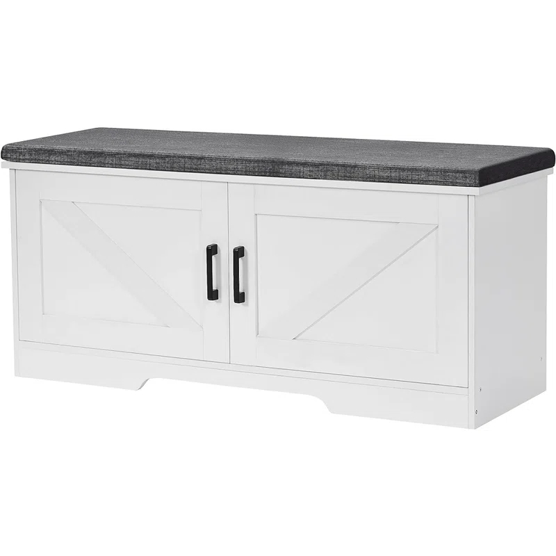 Gracie Oaks Gracie Oaks 2 Tier Shoe Storage Bench With Padded Seat Cushion, Entryway Bench With 2 Barn Doors, White, Adjustable Shelf, 13.8" D X 39.4" W X 17.7" H