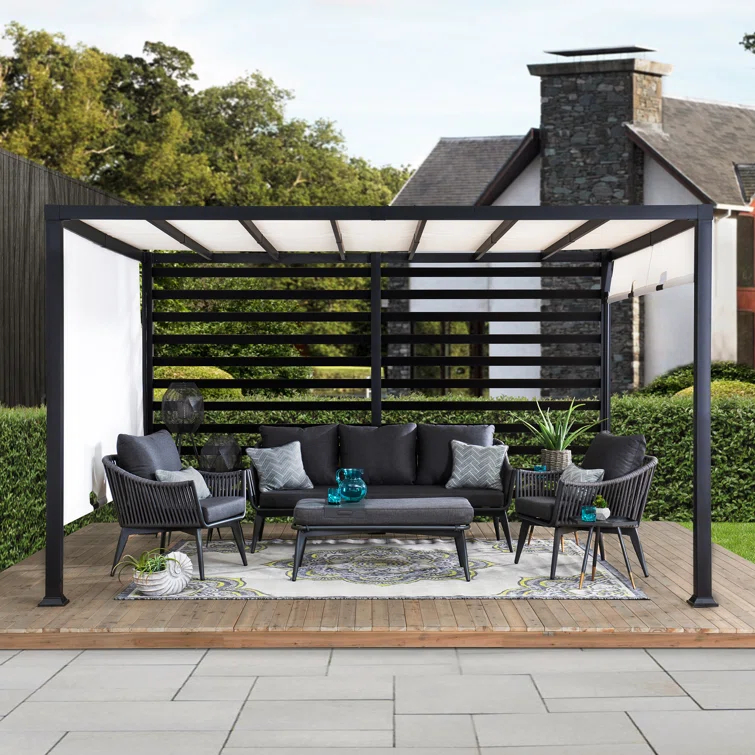 Sunjoy Sunjoy Outdoor Pergola 10 x 12 ft. Steel Pergolas with White Adjustable Shade and Privacy Screen for Backyard