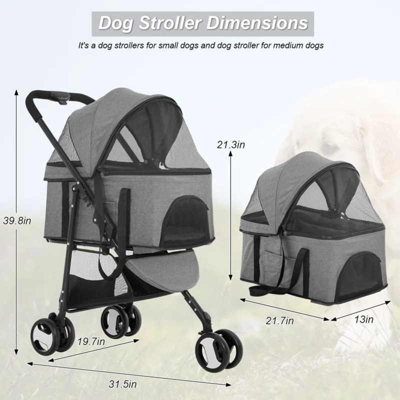 Foldable Pet Stroller with Detachable Carrier