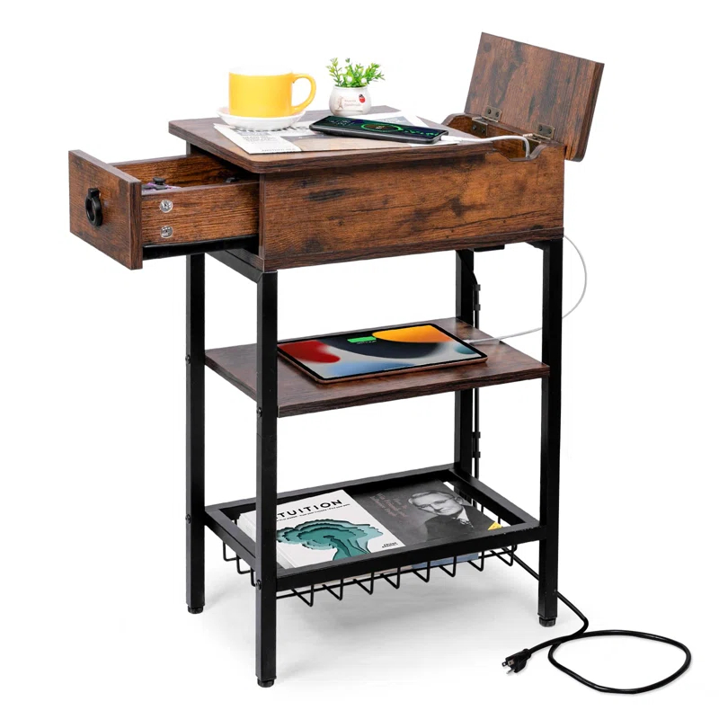 Hokku Designs Rustic Slim Side Table With USB Ports, Outlets & Charging Station For Living Room & Bedroom