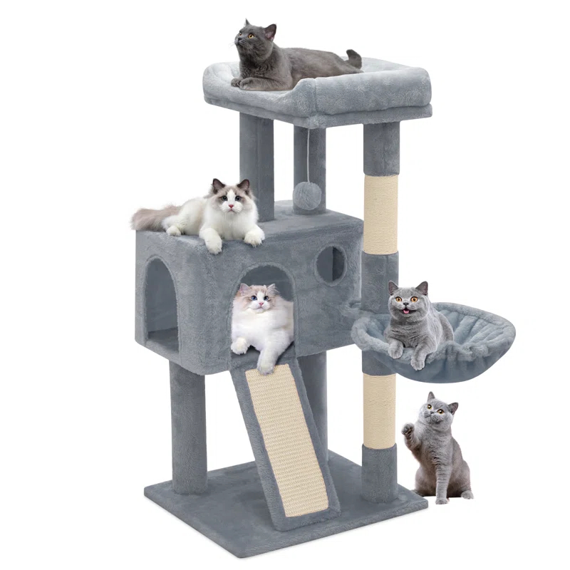 36" Small Cat Tower With Hammock, Sisal Scratching Posts, And Ramp, Perfect For Indoor Cats