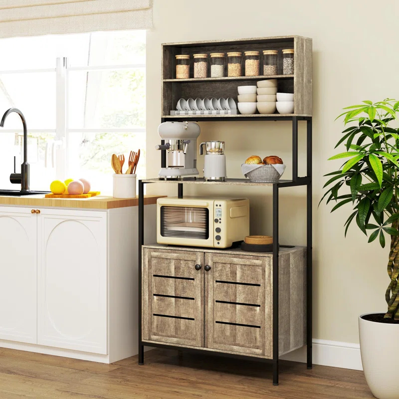 17 Stories Kitchen Bakers Rack With Power Outlet, Coffee Bar Cabinet With Storage Shelves, Microwave Stand With Louvred Door Cabinets