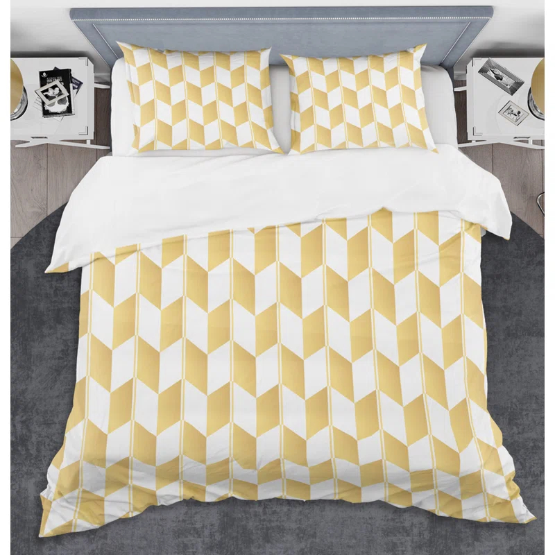 Design Art Gold And White Geometric Pattern I - Glam Abstract Duvet Cover Set - Microfiber Polyester