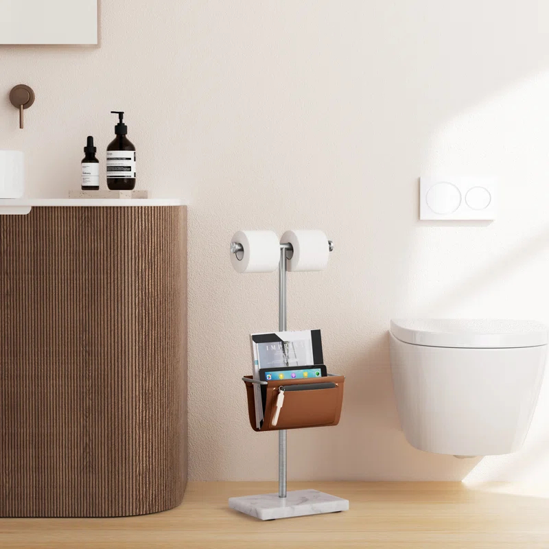 KES Toilet Paper Holder Stand With Bathroom Magazine Rack, Magazine Holder And Double Roll Toilet Paper Holder Free Standing, Weighted Marble Base
