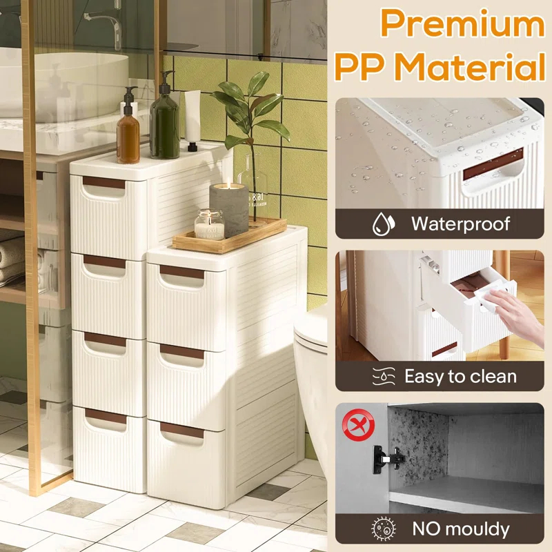 Rebrilliant Slim Plastic Rolling Storage Cabinet With 4 Drawers For Bathroom, Kitchen, Laundry - White