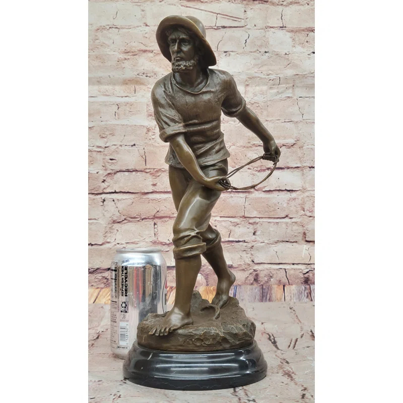 Bronze Fisherman with Net – Nautical-Themed Sculpture on Marble Base