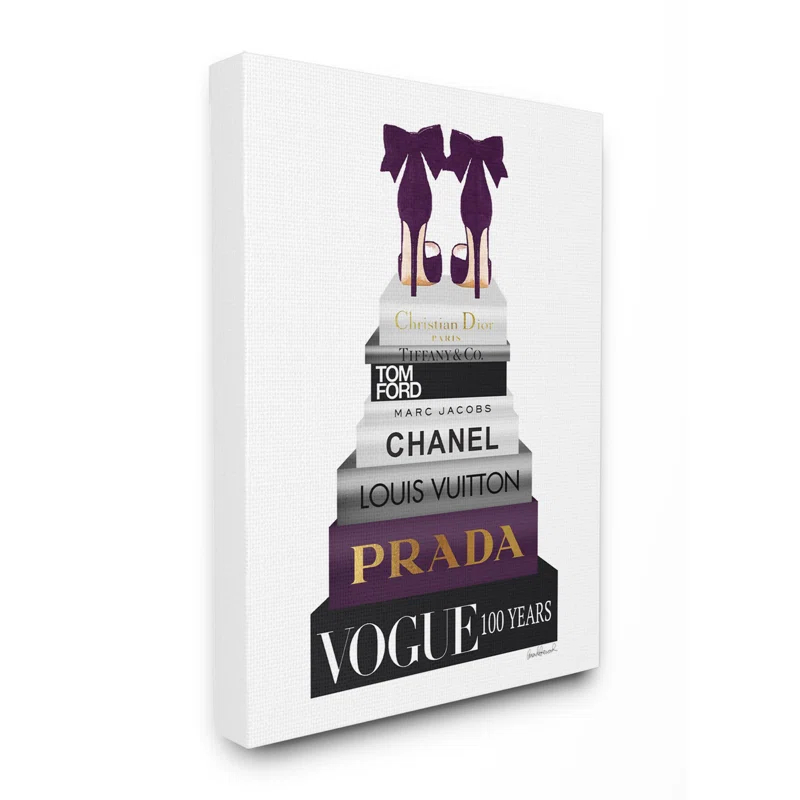 Stupell Industries " Fashion Designer Shoes Bookstack Purple Gold Watercolor "