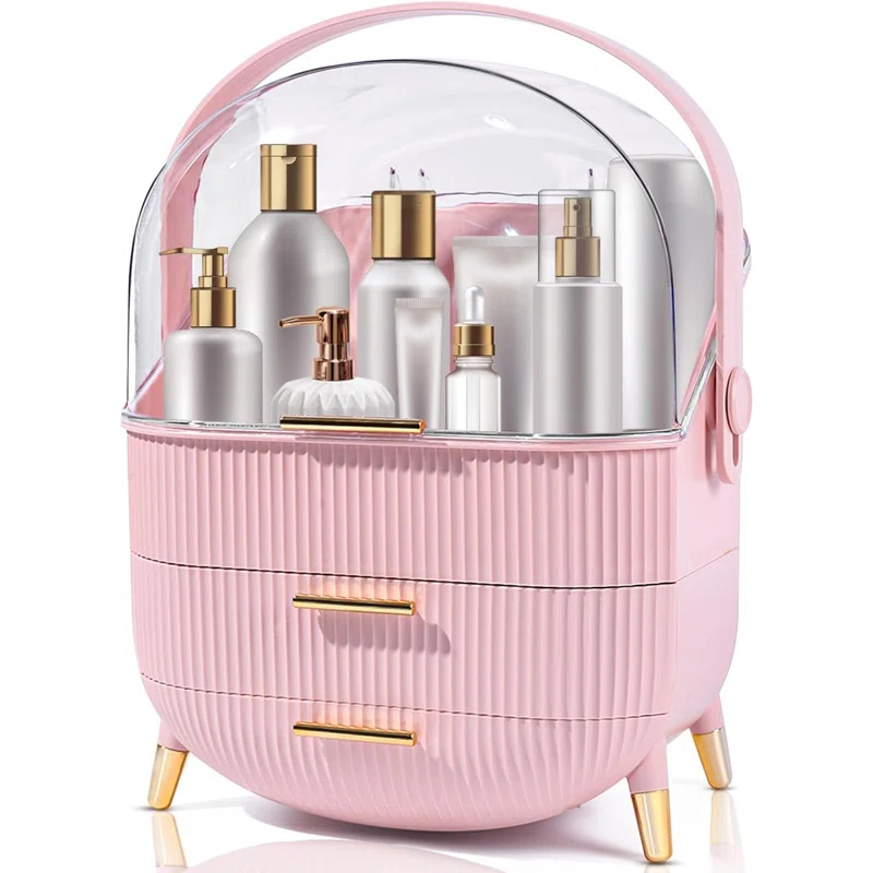 Rebrilliant Makeup Organizers And Storage, Make Up Organizer For Vanity Cosmetics Skincare Organizers With Lid And Drawers Display Cases For Countertop(Pink)