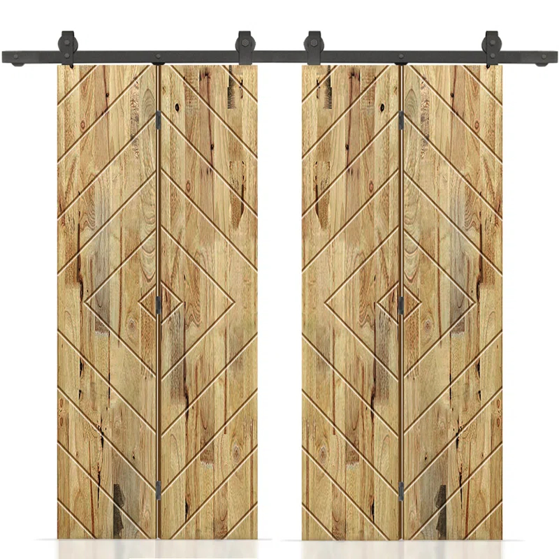 Calhome Stained Pine Wood Bi-Fold Double Barn Door with Sliding Hardware Kit