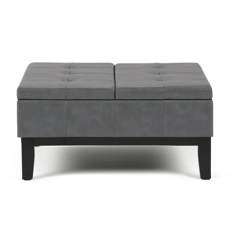 Simpli Home Dover 36"W Upholstered Square Coffee Table Storage Ottoman with Split Tufted Lift Top