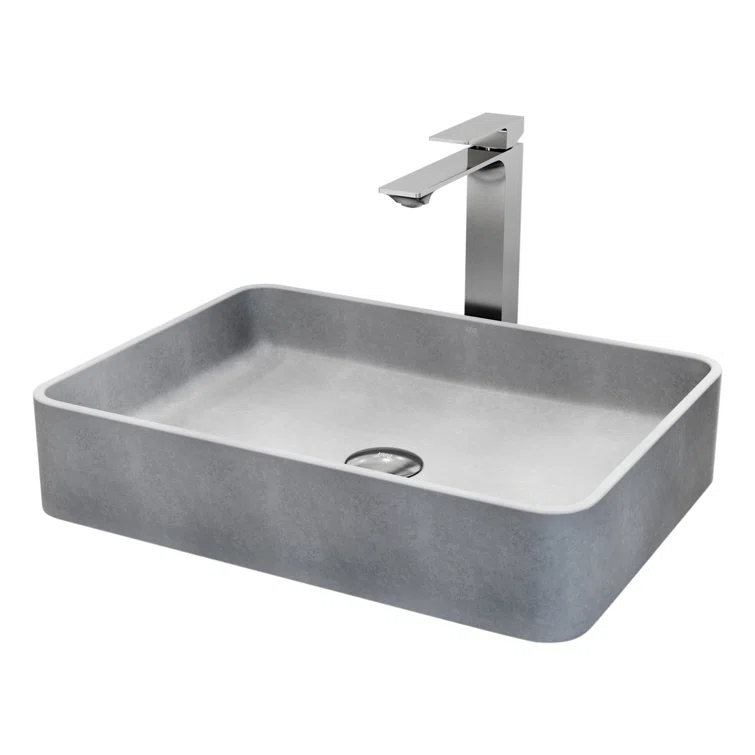 VIGO Dunn Tarragona Gothic 19" L x 14" W x 4" H Rectangular Concrete Vessel Bathroom Sink with 11" H Faucet VGT2085