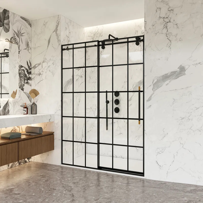 Puente 48" W x 78" H Single Sliding Frameless Shower Door in Matte Black