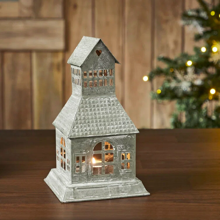 VHC Brands Festive Finds Tealight Holder Metal Village House A 9.5x5.5x5.5