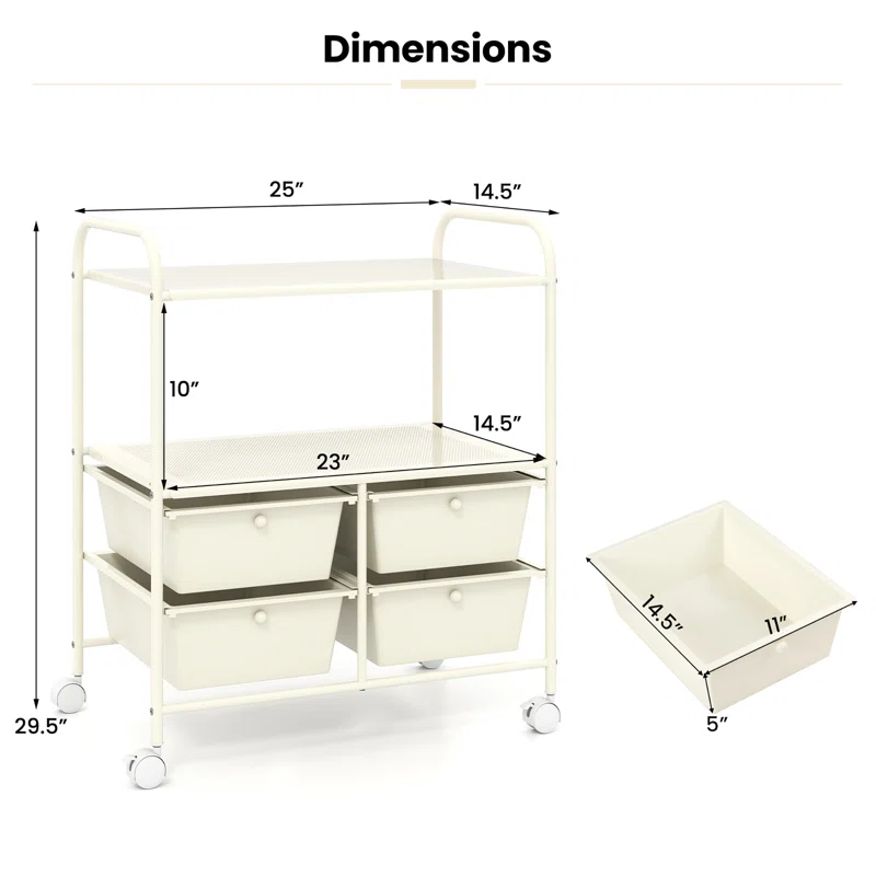 Latitude Run® Rolling Storage Cart Metal Rack Shelf 4 Drawers Home Office Furniture