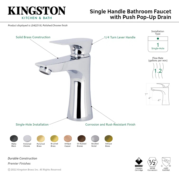 Kingston Brass Millennium Single Hole Bathroom Faucet with Drain Assembly LS4223XL
