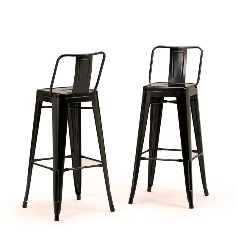 Simpli Home Rayne Metal Industrial Stool with Curved Back, Cross-Brace, and Footrest