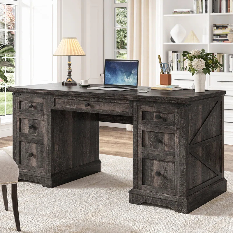August Grove® 55'' W Computer Desk With Outlet, Farmhouse Executive Desk With 7 Drawers For Office Home