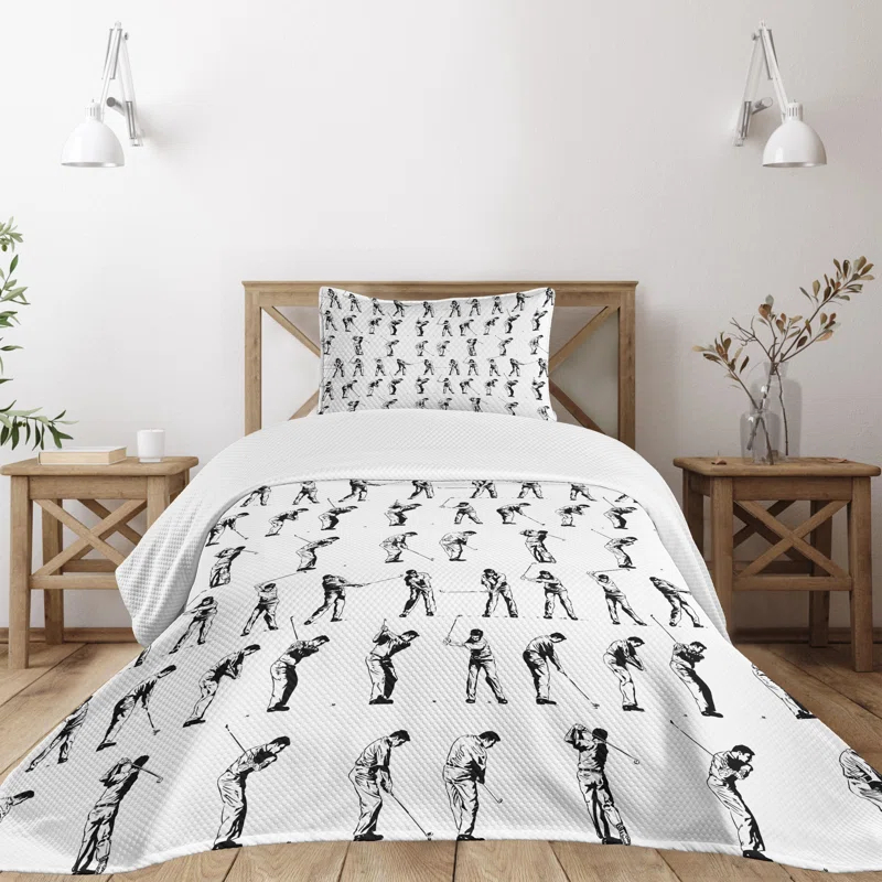 Ambesonne Golf Bedspread Set Golf Swing Hobby Play Black White