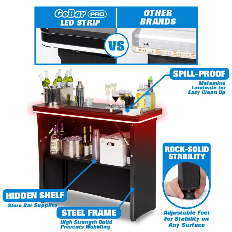 GoPong GoBar PRO LED Commercial Grade Portable Bar Table with Multi-Color Lights - 47.5 x 19 x 38 IN