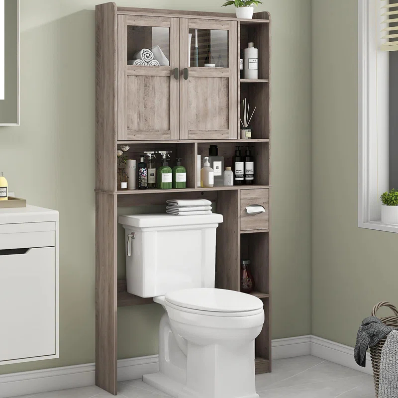 Bathroom Shelf Over Toilet with Glass Doors and Adjustable Shelves
