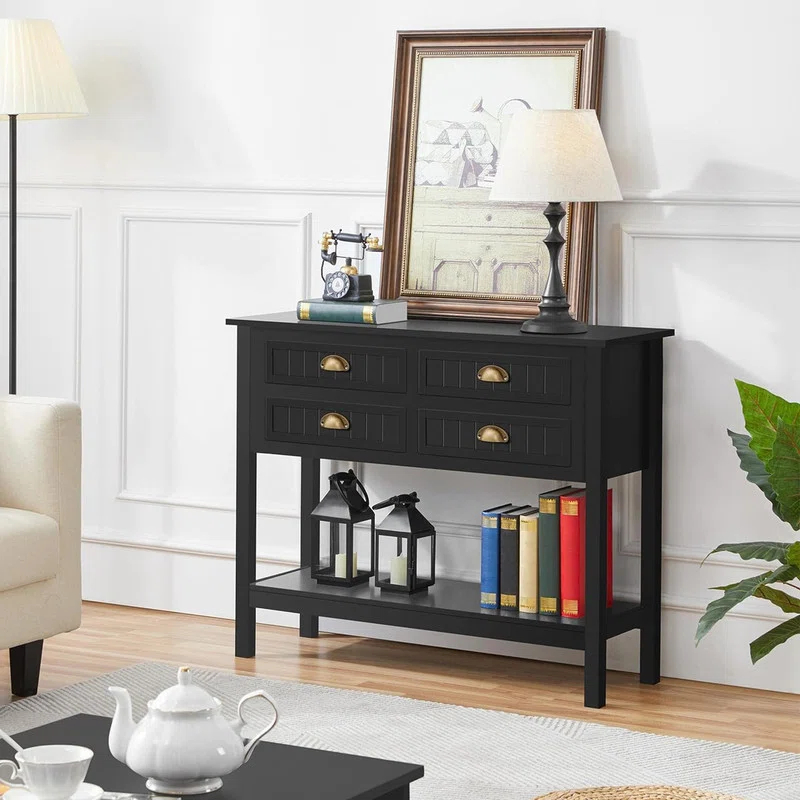 Console Table with 4 Drawers,Sofa Side Table with Open Storage Shelf, Entryway Table for Living Room