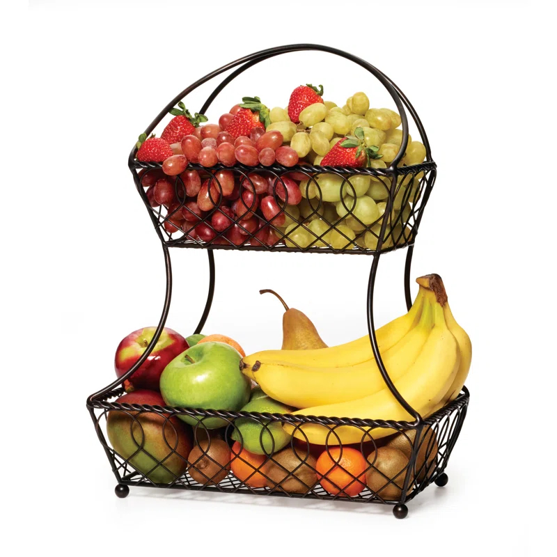 Gourmet Basics by Mikasa Gourmet Basics by Mikasa Loop and Lattice 2-Tier Flatback Metal Fruit Basket, Antique Black