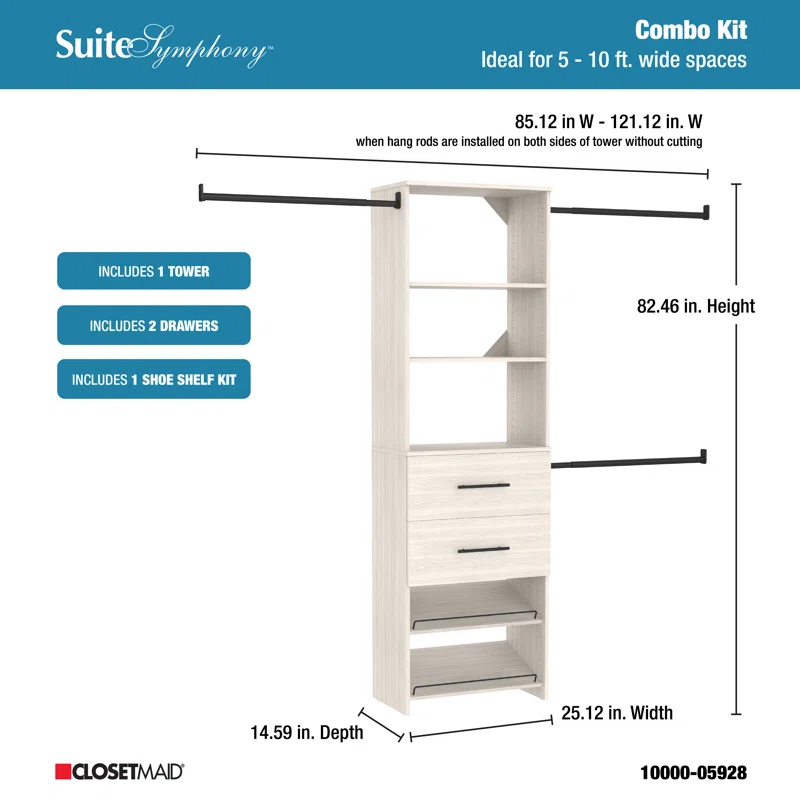 ClosetMaid SuiteSymphony 84" W -120" W Closet System Kit with Drawers and Shoe Shelves