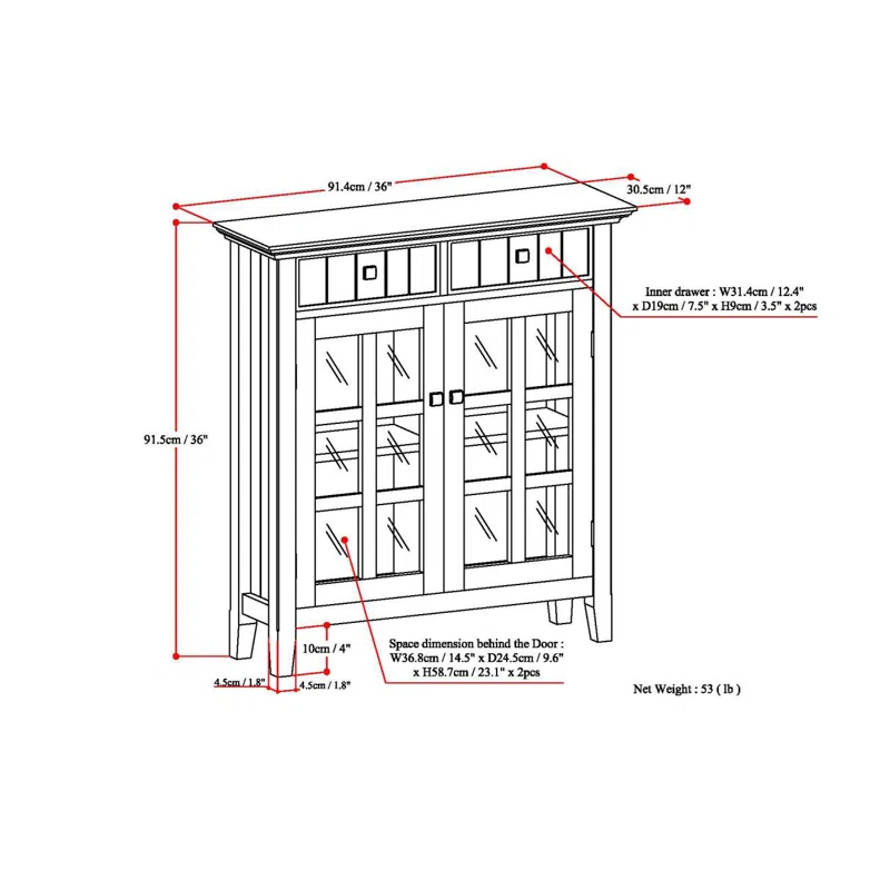Simpli Home Acadian 36"W Solid Wood 2-Shelf Entryway Storage Cabinet with Glass Doors and 2 Drawers