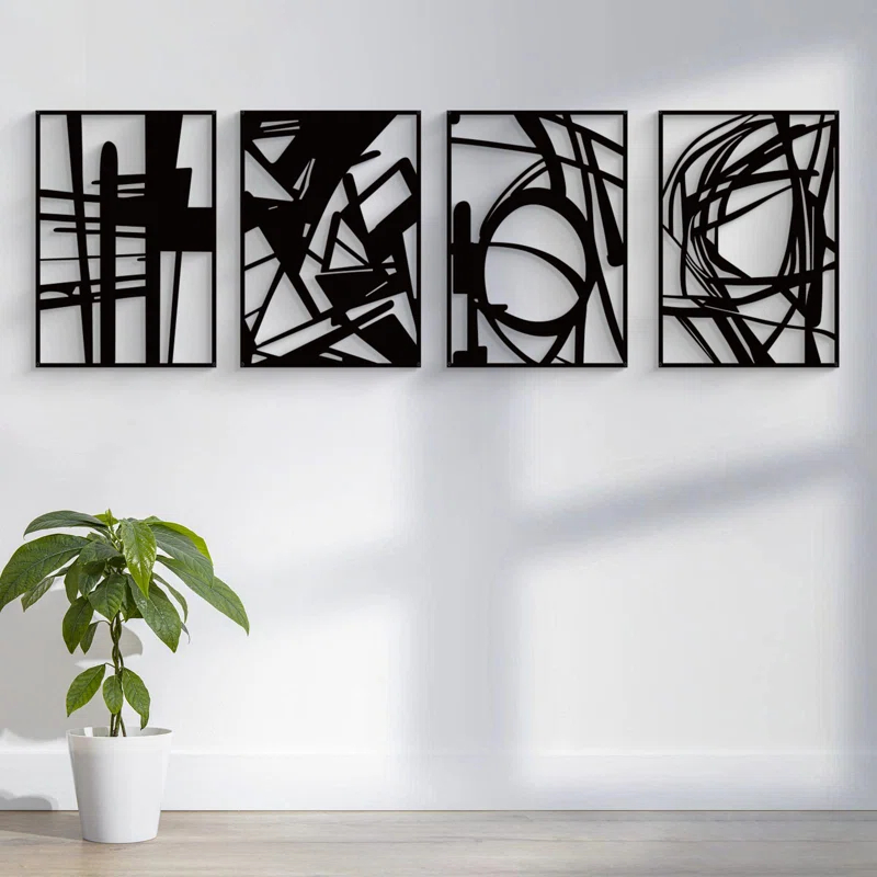 Ivy Bronx 4 Pack Black Abstract Metal Wall Art, Minimalist Décor Single Line Art Wall Décor, 3D Textured Metal Wall Sculptures, For Living Room Bedroom Bathroom Study Room (Black Abstract, M Size 16 X 11'')