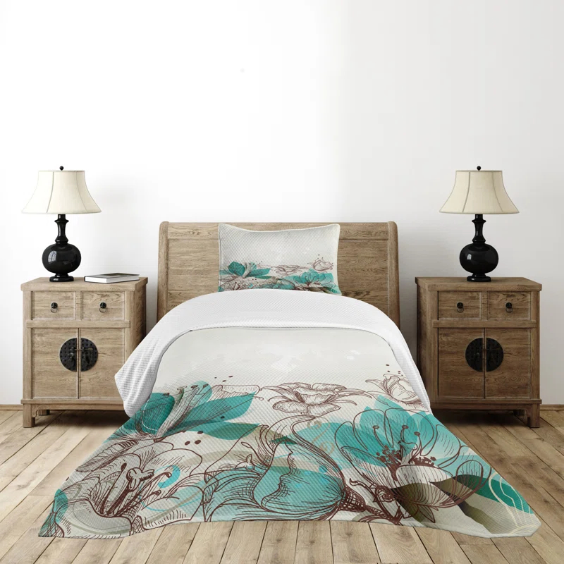 Ambesonne Ambesonne Turquoise Bedspread Retro Hibiscus
